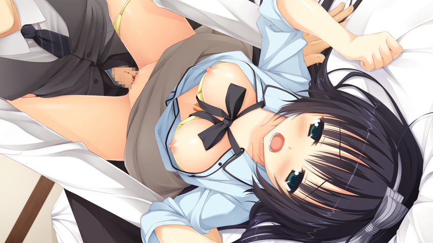 amagiri_yune amairo_islenauts black_hair blood blush breasts censored game_cg green_eyes muririn nipples open_legs open_shirt panties sex underwear yuzusoft