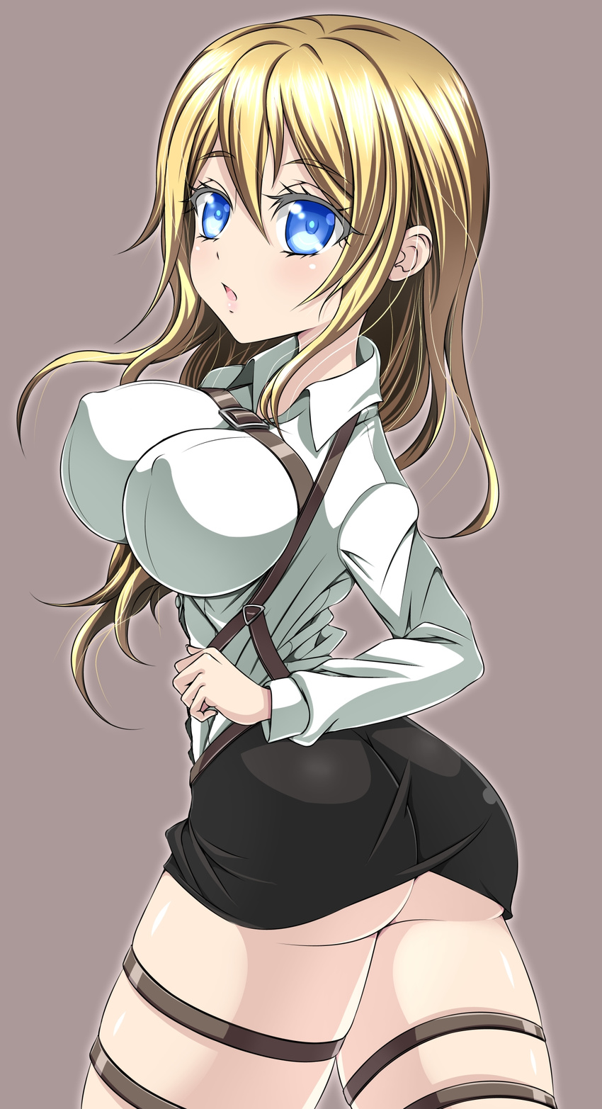 1girl :o ass blonde_hair blue_eyes blush breasts christa_renz covered_nipples erect_nipples formal from_behind highres huge_breasts impossible_clothes long_hair looking_back open_mouth shingeki_no_kyojin skirt solo thigh_strap tom-supaiku upskirt