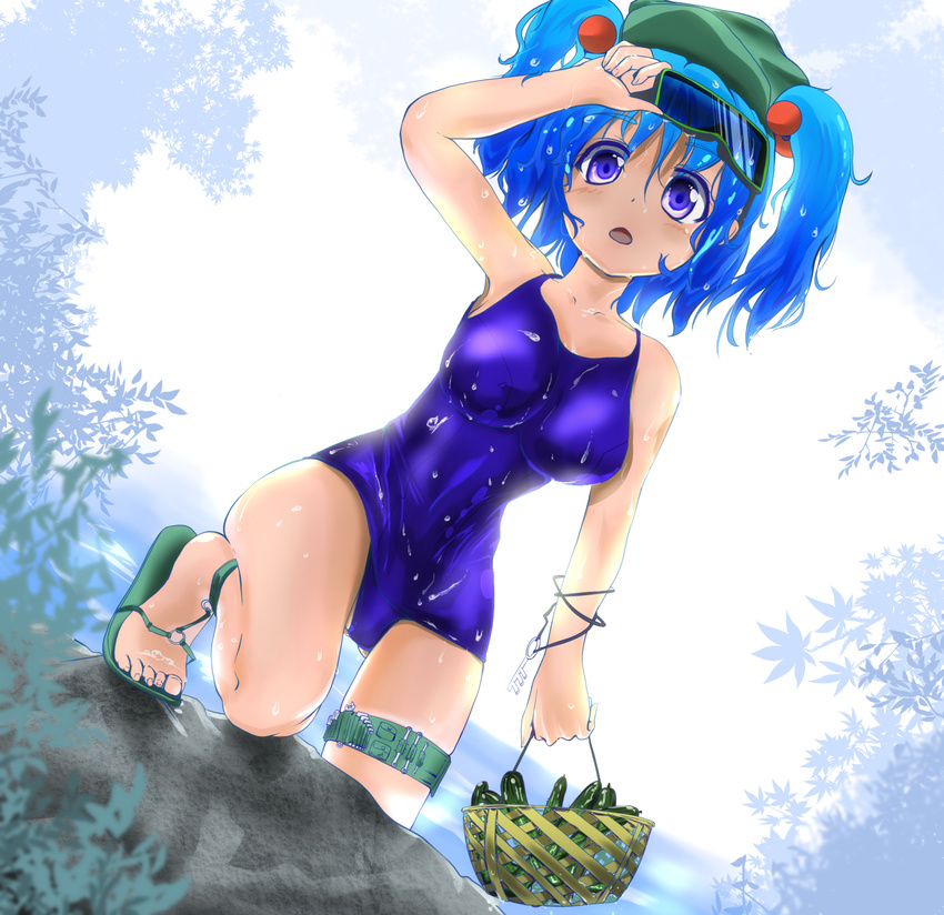 akure_ekuto basket blue_eyes blue_hair breasts covered_navel cucumber goggles goggles_on_head hair_bobbles hair_ornament hat highres kawashiro_nitori key medium_breasts one-piece_swimsuit open_mouth sandals school_swimsuit short_hair smile solo swimsuit touhou two_side_up wet wet_clothes wet_swimsuit wrench wristband