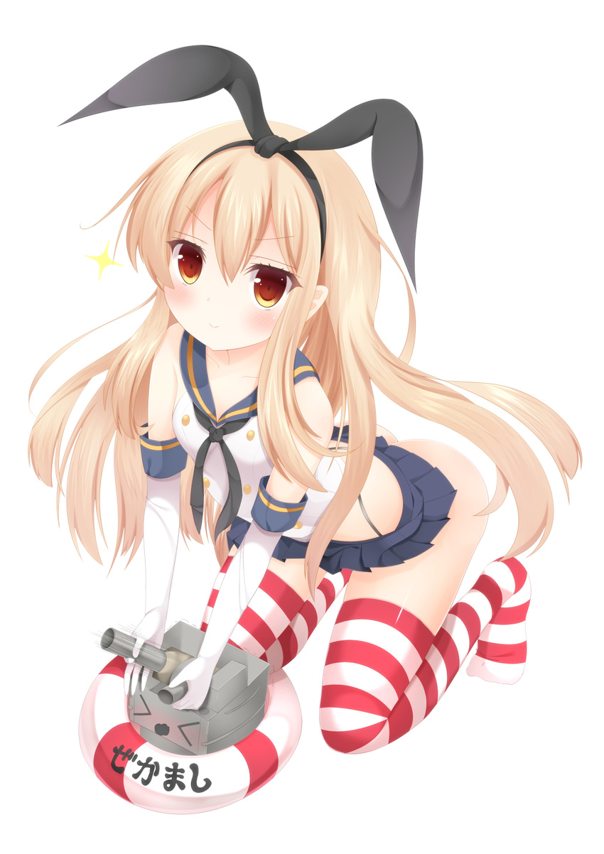 &gt;_&lt; bare_shoulders black_panties blonde_hair blush brown_eyes closed_eyes elbow_gloves full_body gloves highres kantai_collection kneeling lifebuoy long_hair looking_at_viewer panties perokyan rensouhou-chan sailor_collar sexually_suggestive shimakaze_(kantai_collection) simple_background skirt smile solo striped striped_legwear thighhighs thong underwear white_background white_gloves