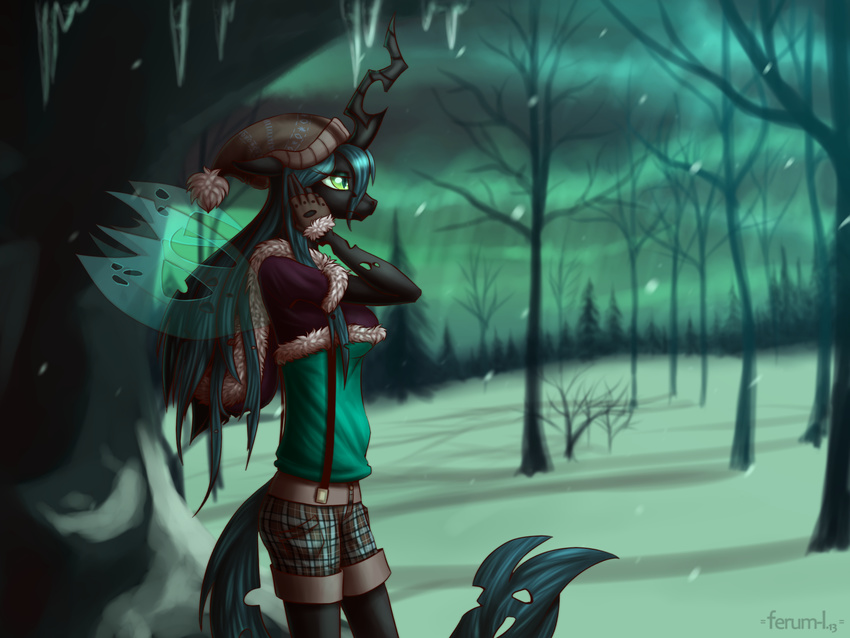 anthrofied changeling clothing equine female ferum-lynxx friendship_is_magic hair hat horn horse male mammal my_little_pony pony queen_chrysalis_(mlp) snow solo winged_unicorn wings winter