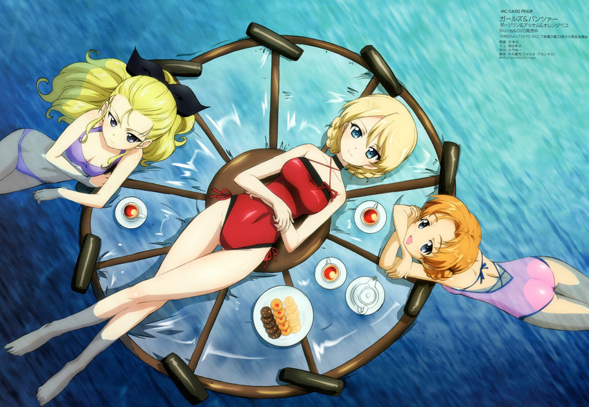 :d afloat ass assam barefoot bikini black_tea blonde_hair blue_eyes braid breasts casual_one-piece_swimsuit choker cleavage cookie covered_navel criss-cross_halter crossed_arms crossed_legs cup darjeeling drink food from_above girls_und_panzer green_eyes hair_slicked_back halter_top halterneck highres light_smile looking_at_viewer looking_up lying mc_axis medium_breasts multiple_girls navel non-web_source official_art on_back one-piece_swimsuit open_mouth orange_hair orange_pekoe panjandrum partially_submerged pink_swimsuit pinup plate purple_bikini purple_swimsuit red_swimsuit saucer scan smile soaking_feet sugimoto_isao swimsuit tea tea_set teacup teapot thigh_gap water