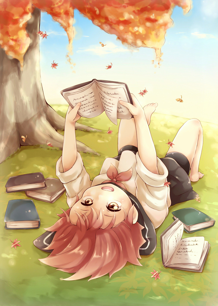 autumn autumn_leaves bad_id bad_pixiv_id barefoot book brown_eyes day grass highres jackie012 lying on_back original red_hair school_uniform short_hair skirt sky smile solo tree
