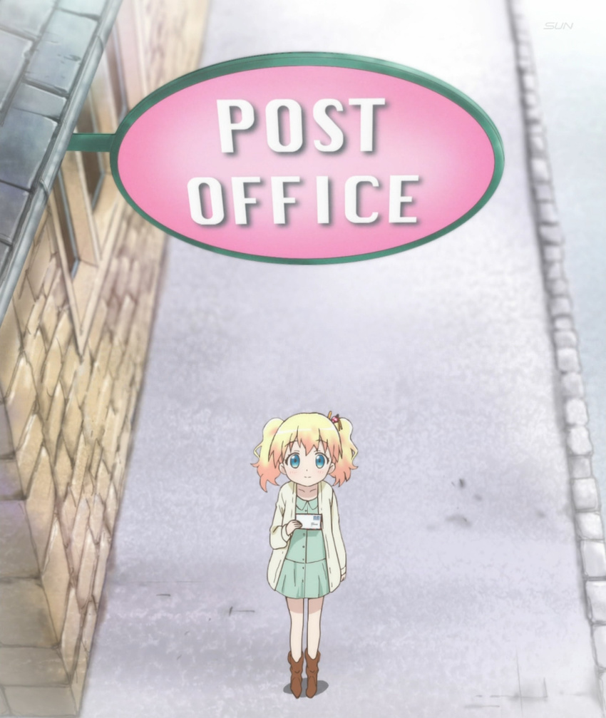 alice_cartelet blonde_hair blue_eyes boots highres kin-iro_mosaic letter screencap signage solo twintails