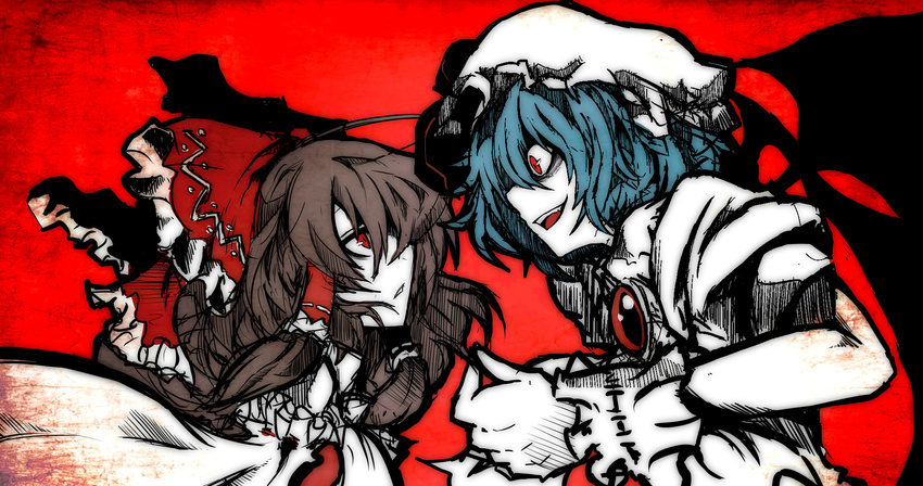 bad_id bad_pixiv_id blue_hair bow brooch brown_hair detached_sleeves dress face-to-face frills hair_bow hair_over_one_eye hair_tubes hakurei_reimu highres itosiki_zetu jewelry multiple_girls red_background red_bow red_eyes remilia_scarlet short_sleeves silhouette simple_background touhou wrist_cuffs