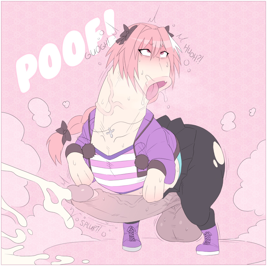 2018 astolfo_(fate) balls clothed clothing cross_necklace cum cumshot ejaculation equine erection footwear hair long_hair male mammal octoboy open_mouth orgasm penis pink_eyes pink_hair queen's_stallion shoes simple_background solo tongue tongue_out transformation