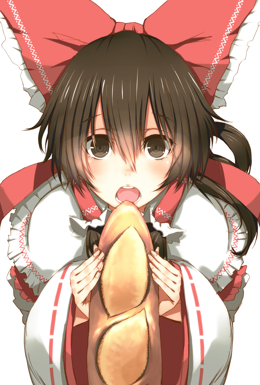ascot bad_id bad_pixiv_id baguette blush bow bread brown_eyes brown_hair detached_sleeves eating food hair_bow hair_tubes hakurei_reimu highres long_hair open_mouth ribbon ringed_eyes sexually_suggestive solo soratoa touhou