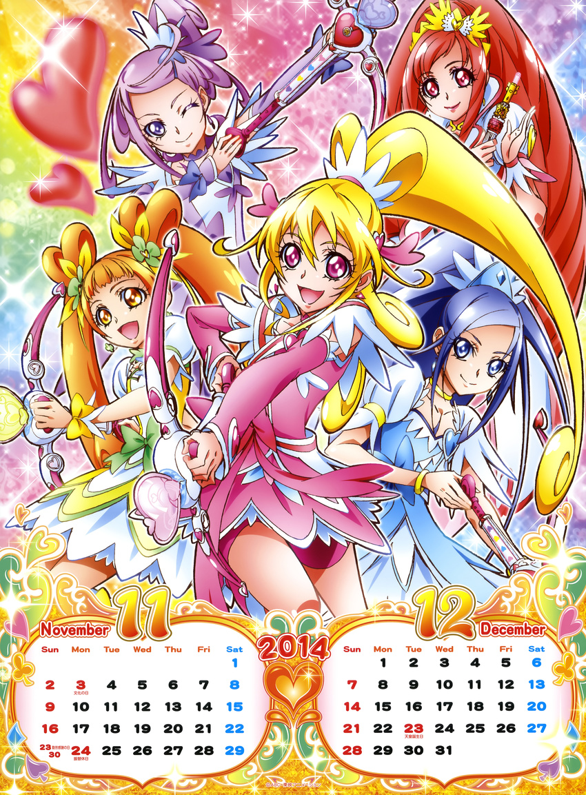 5girls absurdres aida_mana arm_warmers bike_shorts blonde_hair blue_eyes blue_hair bow bow_(weapon) bracelet brown_eyes brown_hair calendar_(medium) choker cure_ace cure_diamond cure_heart cure_rosetta cure_sword curly_hair december dokidoki!_precure double_bun flower frills green_choker hair_bow hair_flower hair_ornament hair_ribbon half_updo heart heart_hair_ornament highres hishikawa_rikka jewelry kenzaki_makoto long_hair love_heart_arrow_(dokidoki!_precure) madoka_aguri magical_girl multiple_girls november official_art one_eye_closed pink_bow pink_eyes pink_sleeves ponytail precure purple_choker purple_eyes purple_hair rainbow_background red_eyes red_hair ribbon short_hair shorts shorts_under_skirt skirt smile spade_hair_ornament takahashi_akira twintails weapon wrist_cuffs yotsuba_alice