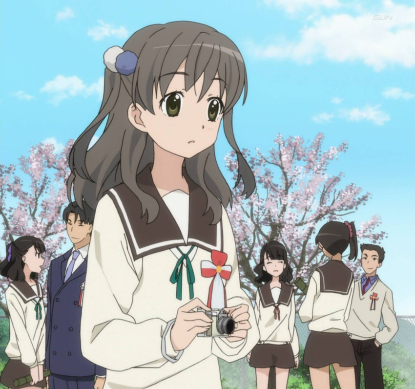 4girls brown_hair camera cherry_blossoms cloud day digital_camera diploma graduation green_eyes highres long_hair mitani_kanae multiple_boys multiple_girls school_uniform screencap sky tamayura tree