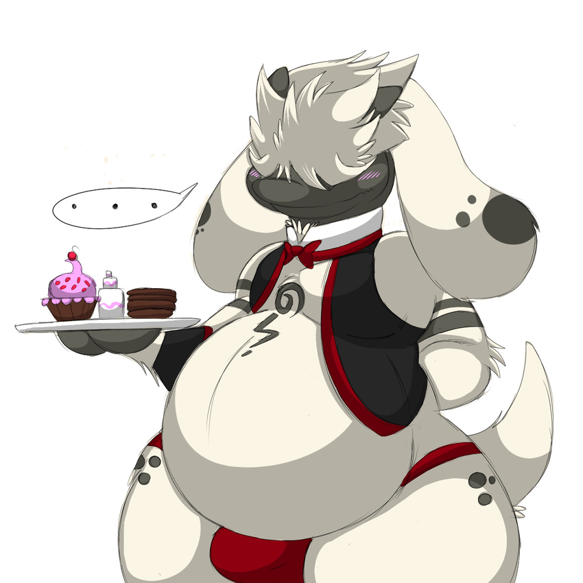 2013 anthro blush bow_tie bulge butler canine clothing cookie cupcake dog fur furfrou hair male mammal nintendo obese open_shirt overweight plain_background pok&#233;mon pok&eacute;mon poodle puffedup shirt smile solo standing tray underwear video_games waiter white_background white_fur wide_hips