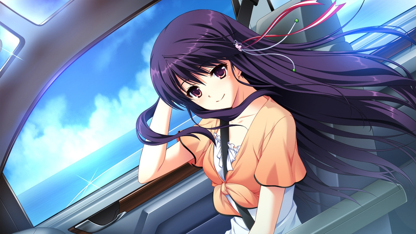 1girl arihara_nodoka blush car dress game_cg motor_vehicle narumi_suzune purple_eyes purple_hair smile tojita_sekai_no_tori_colony vehicle