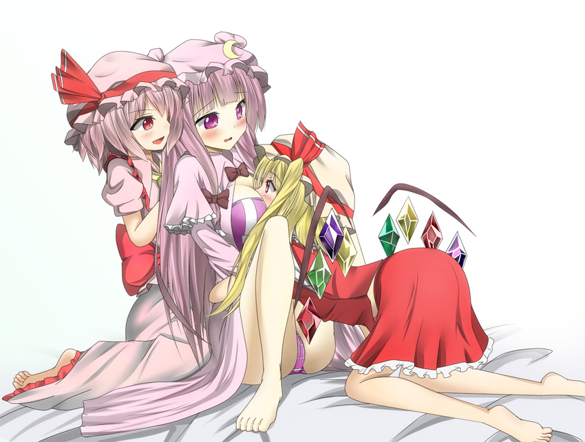 bare_legs barefoot blonde_hair blush breast_smother breasts crescent flandre_scarlet hat kneeling large_breasts long_hair multiple_girls open_mouth panties pantyshot pantyshot_(sitting) patchouli_knowledge purple_eyes purple_hair purple_panties red_eyes remilia_scarlet shamisen_(syami_sen) short_hair side_ponytail sitting skirt skirt_set touhou underwear wings yuri