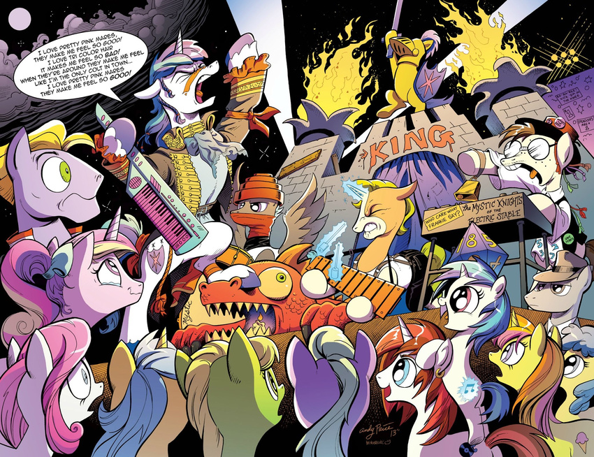 cowbell ear_piercing equine eyewear female fire friendship_is_magic glasses group helmet horn horse male mammal music musical_instrument my_little_pony night pegasus piercing pony princess_cadance_(mlp) shining_armor_(mlp) singing stage unicorn vinyl_scratch_(mlp) wings xylophone