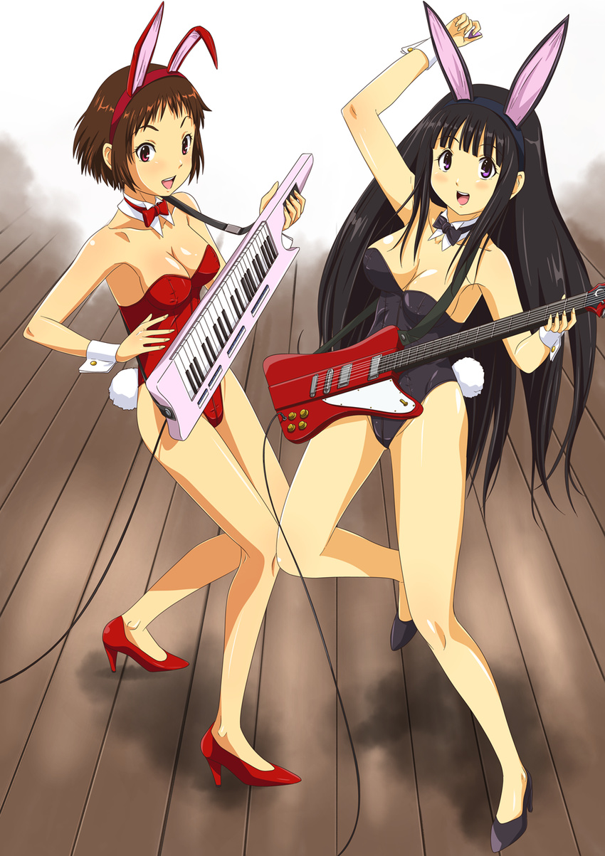 animal_ears ankoku_tiger bare_legs black_hair bow bowtie brown_hair bunny_ears bunny_tail bunnysuit chitanda_eru detached_collar guitar highres hyouka ibara_mayaka instrument keytar long_hair long_legs multiple_girls plectrum purple_eyes red_eyes short_hair tail wrist_cuffs