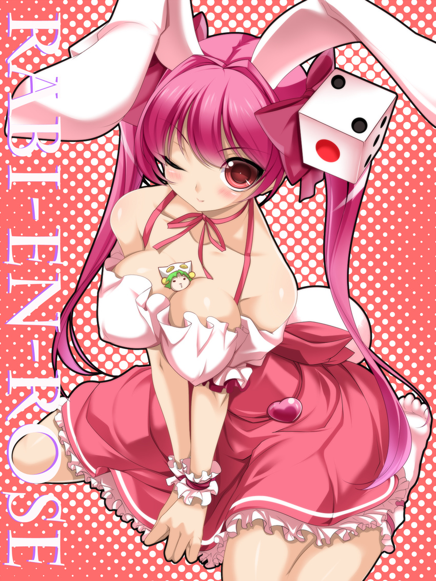 animal_ears between_breasts blush bow breasts bunny_ears choker cleavage dejiko di_gi_charat dice dice_hair_ornament hair_bow hair_ornament halftone halftone_background highres large_breasts long_hair looking_at_viewer multiple_girls one_eye_closed pink_hair red_background red_eyes ribbon_choker sitting smile toron_(mino106) twintails usada_hikaru wariza wrist_cuffs