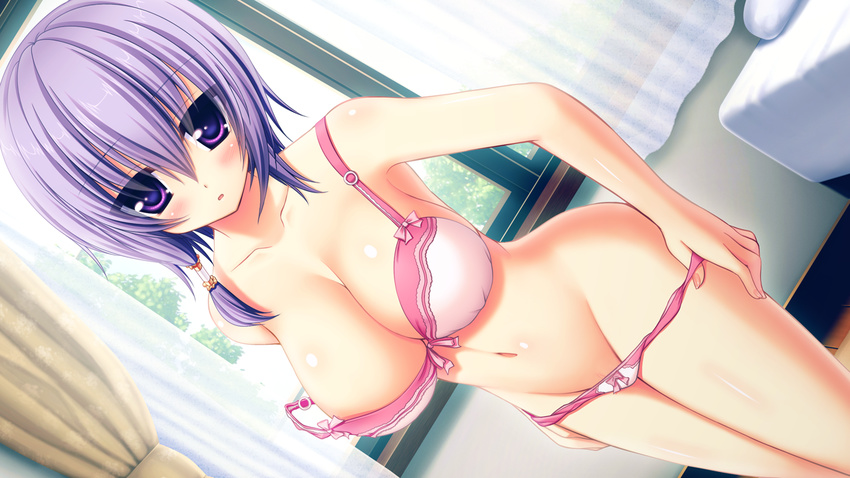 1girl blush bra breasts cleavage game_cg large_breasts namaiki_delation natsushima_misaki navel panties panty_pull purple_eyes purple_hair short_hair solo syroh uncensored underwear undressing