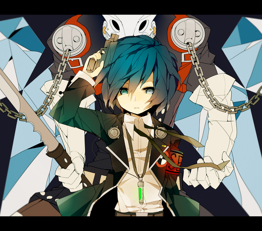 bad_id bad_pixiv_id blue_eyes blue_hair chain digital_media_player evoker gun headphones male_focus mizuki_(pakuchoi13) persona persona_3 school_uniform solo sword thanatos weapon yuuki_makoto