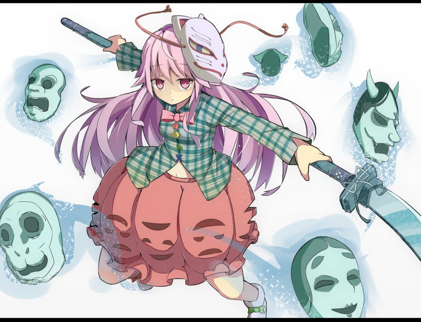 baron_(x5qgeh) bow bubble_skirt expressionless face_mask fox_mask hannya hata_no_kokoro letterboxed long_hair long_sleeves looking_at_viewer mask monkey_mask naginata navel noh_mask oni_mask outstretched_arms pink_eyes pink_hair plaid plaid_shirt polearm shirt skirt solo touhou very_long_hair weapon wide_sleeves