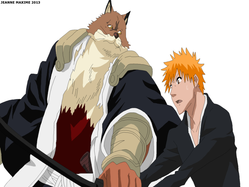 2013 anthro bleach brown_fur canine clothing fur human ichigo_kurosaki male maxime-jeanne pose sajin_komamura shinigami wolf yellow_eyes