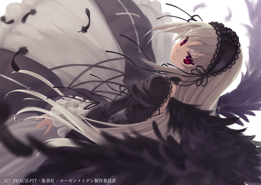 black_wings blurry depth_of_field feathered_wings feathers gothic_lolita hairband highres lolita_fashion lolita_hairband long_hair looking_at_viewer red_eyes rozen_maiden silver_hair smile solo suigintou sumaki_shungo wind wings