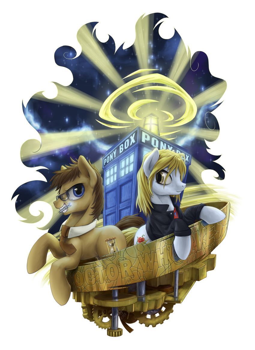 blonde_hair blue_eyes brown_hair cutie_mark doctor_who doctor_whooves_(mlp) duo english_text equine eye_contact eyewear friendship_is_magic fur glasses grey_fur hair horse hourglass jaaaaaaaz_(artist) male mammal mouth_hold my_little_pony necktie plain_background pony rose_tyler_(doctor_who) sonic_screwdriver tardis text white_background