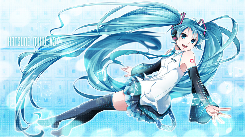 aqua_eyes aqua_hair beamed_sixteenth_notes boots character_name detached_sleeves hatsune_miku headset long_hair musical_note necktie open_mouth sixteenth_note skirt solo thigh_boots thighhighs tsujiori twintails very_long_hair vocaloid