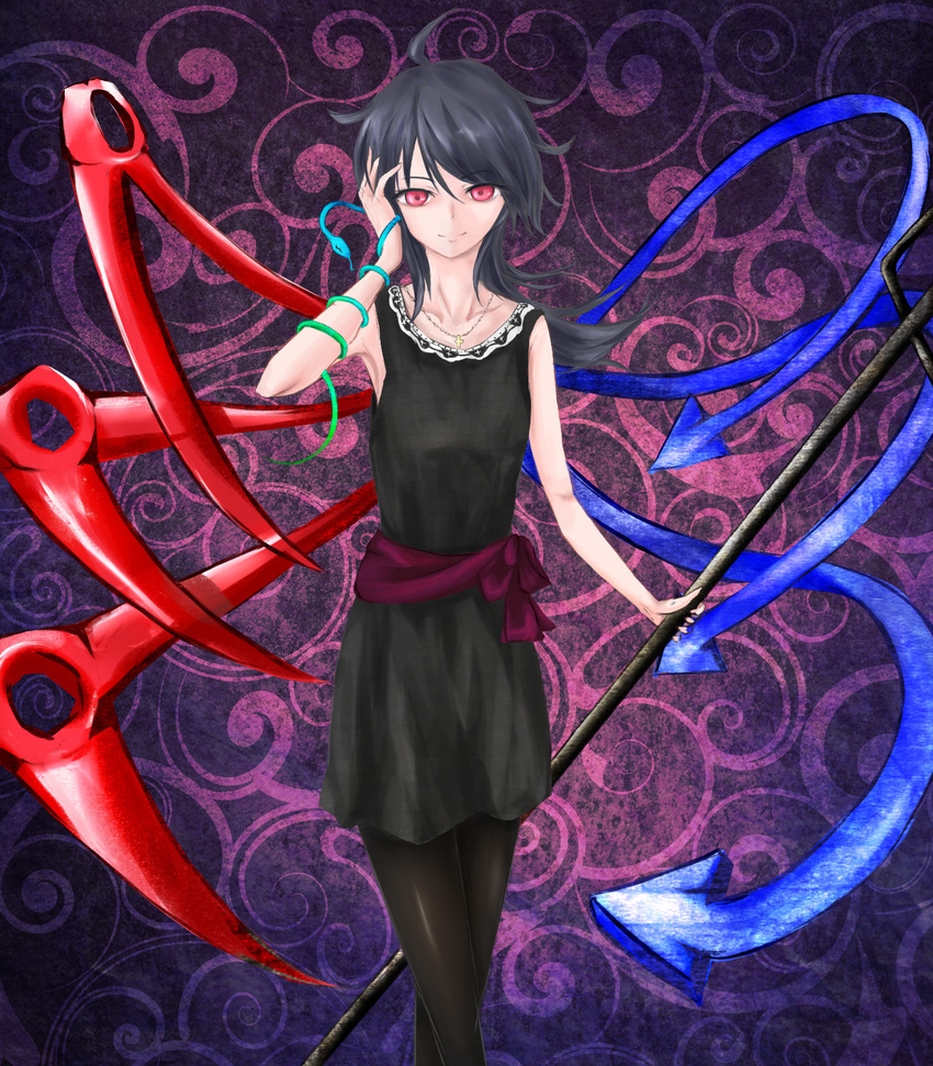 ahoge armpits asakura_beria asymmetrical_wings bare_arms black_dress black_hair cross dress hand_in_hair hand_on_own_head highres houjuu_nue jewelry looking_at_viewer multicolored multicolored_background necklace pantyhose patterned_background polearm red_eyes sash short_hair smile snake solo touhou trident weapon wings