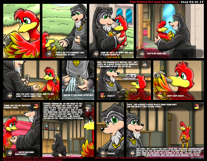 avian banjo-kazooie clothing comic dialog duo english_text feral gopher green_eyes kazooie kitsune_youkai male red_feathers text