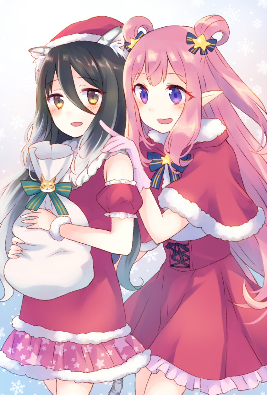 2girls :d animal_ear_fluff animal_ears bangs black_hair blue_bow blush bow brown_eyes capelet cat_ears commentary_request detached_sleeves dress eyebrows_visible_through_hair fur-trimmed_capelet fur-trimmed_hat fur_trim gradient_hair green_bow gucchiann hair_between_eyes hair_bow hair_ornament hand_on_another's_shoulder hat highres holding holding_sack kashiwazaki_hatsune kashiwazaki_shiori long_hair multicolored_hair multiple_girls open_mouth pink_hair pink_sleeves pointy_ears princess_connect! princess_connect!_re:dive puffy_short_sleeves puffy_sleeves purple_eyes red_capelet red_dress red_hat red_skirt red_sleeves sack santa_hat shirt short_sleeves skirt sleeveless sleeveless_dress smile snowflakes star star_hair_ornament striped striped_bow two_side_up very_long_hair white_hair white_shirt