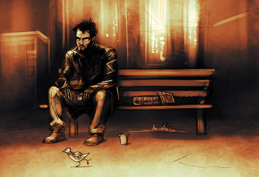 adam_jensen beard bench bird cyberpunk cyborg deus_ex deus_ex:_human_revolution facial_hair goatee highres jacket keanu_reeves leather leather_jacket male_focus meme parody psuede robot sad sepia sitting solo sunglasses