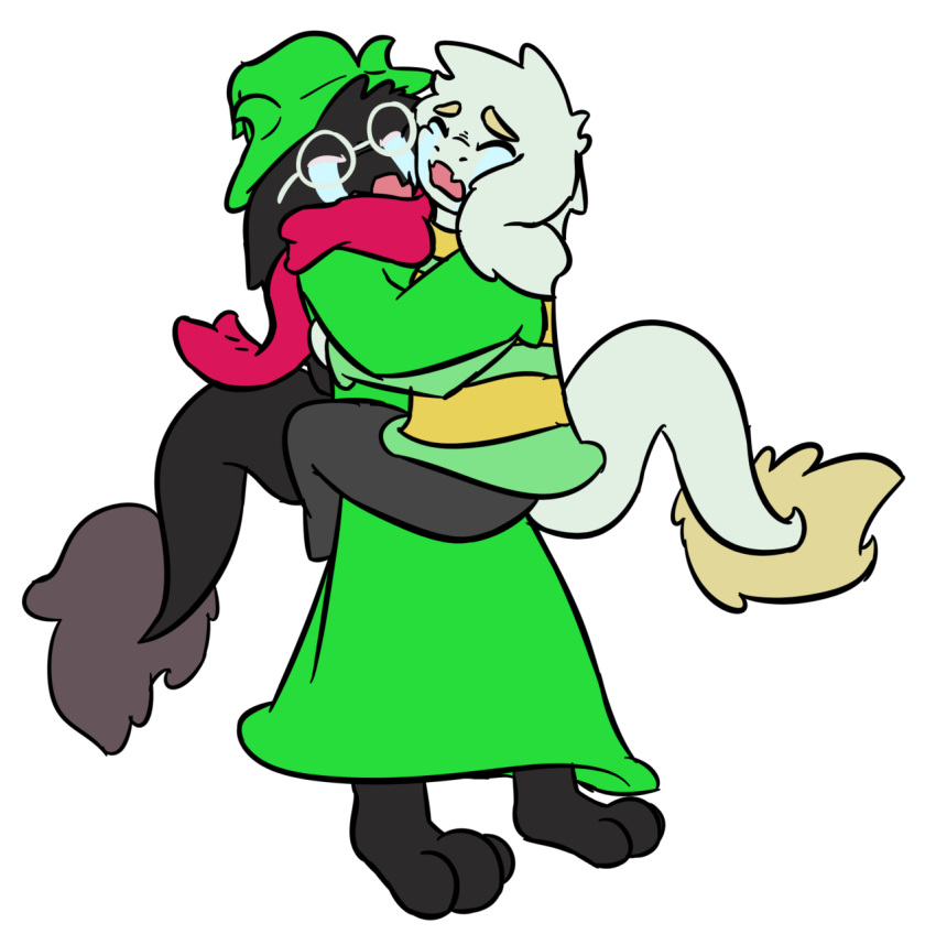 asriel-hell asriel_dreemurr black_fur boss_monster caprine crying darkner deltarune fur goat hat holding_(disambiguation) horn hug long_tail male male/male mammal ralsei tears undertale video_games white_fur