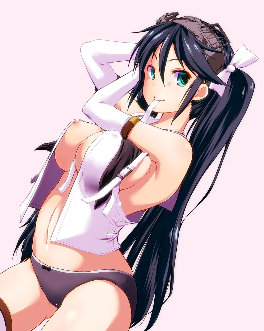 adjusting_hair areola_slip areolae black_panties blush breasts elbow_gloves gloves green_eyes hair_ribbon hairband highres isuzu_(kantai_collection) kaizuka kantai_collection large_breasts long_hair mouth_hold nipples panties ribbon simple_background smile solo thighhighs twintails underwear white_gloves white_legwear