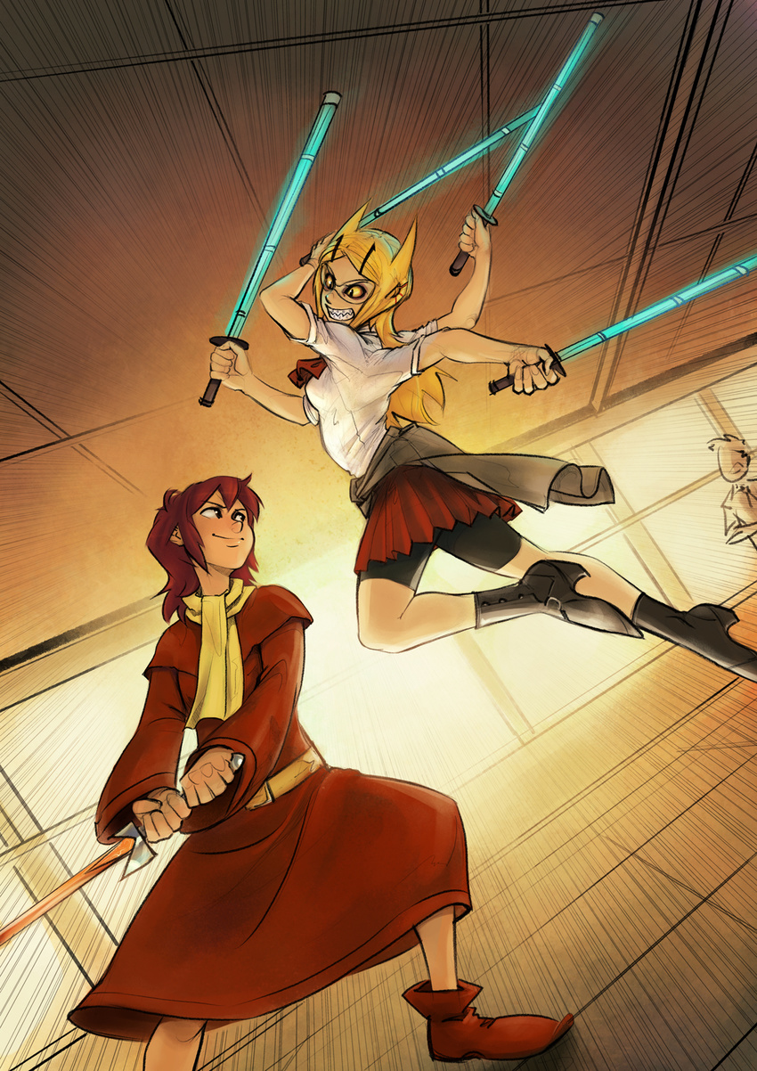 ankle_boots bangs bared_teeth battle bike_shorts blonde_hair boots braces breasts clothes_around_waist dutch_angle emphasis_lines fighting_stance genderswap genderswap_(mtf) general_grievous glowing glowing_sword glowing_weapon hair_ornament hairclip high_heels highres jedi light_smile long_hair multiple_arms multiple_girls parted_bangs pleated_skirt psuede quadruple_wielding school_uniform sharp_teeth shinai shorts shorts_under_skirt skirt slit_pupils small_breasts star_wars sweater sweater_around_waist sword teeth the_sword_in_the_stone weapon yellow_sclera