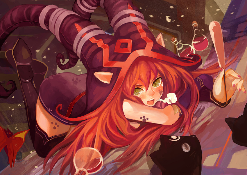 arm_warmers black_legwear boots bottle cat cork danann green_eyes hat holding league_of_legends legs_up long_hair looking_at_viewer lulu_(league_of_legends) lying nail_polish on_floor on_side open_mouth paw_print red_hair sigh smile solo thigh_boots thighhighs top-down_bottom-up wallpaper