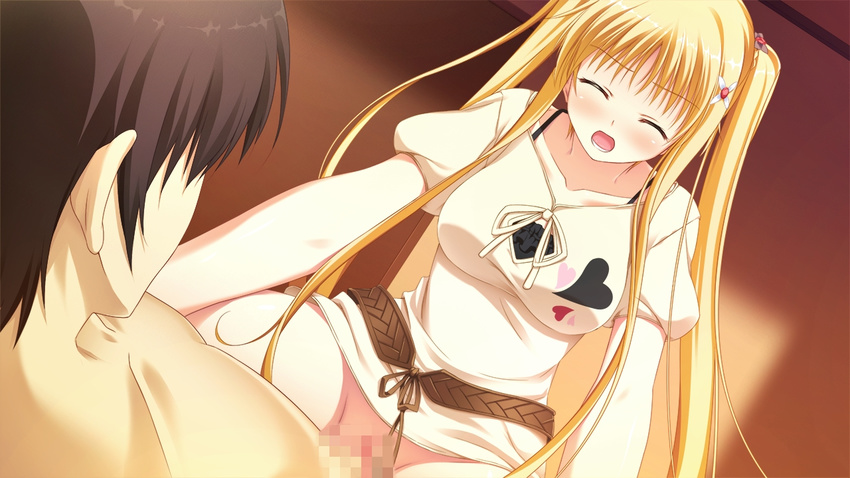 1girl blonde_hair breasts censored eyes_closed game_cg kagami_inori narumi_suzune penis tojita_sekai_no_tori_colony twintails