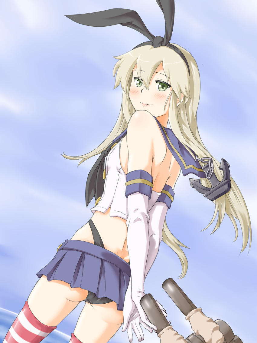 anchor arms_behind_back bare_shoulders black_panties blonde_hair elbow_gloves gloves green_eyes hair_ribbon highleg highleg_panties highres kantai_collection long_hair looking_at_viewer miniskirt panties rabinidaddo rensouhou-chan ribbon shimakaze_(kantai_collection) skirt smile solo striped striped_legwear thighhighs underwear