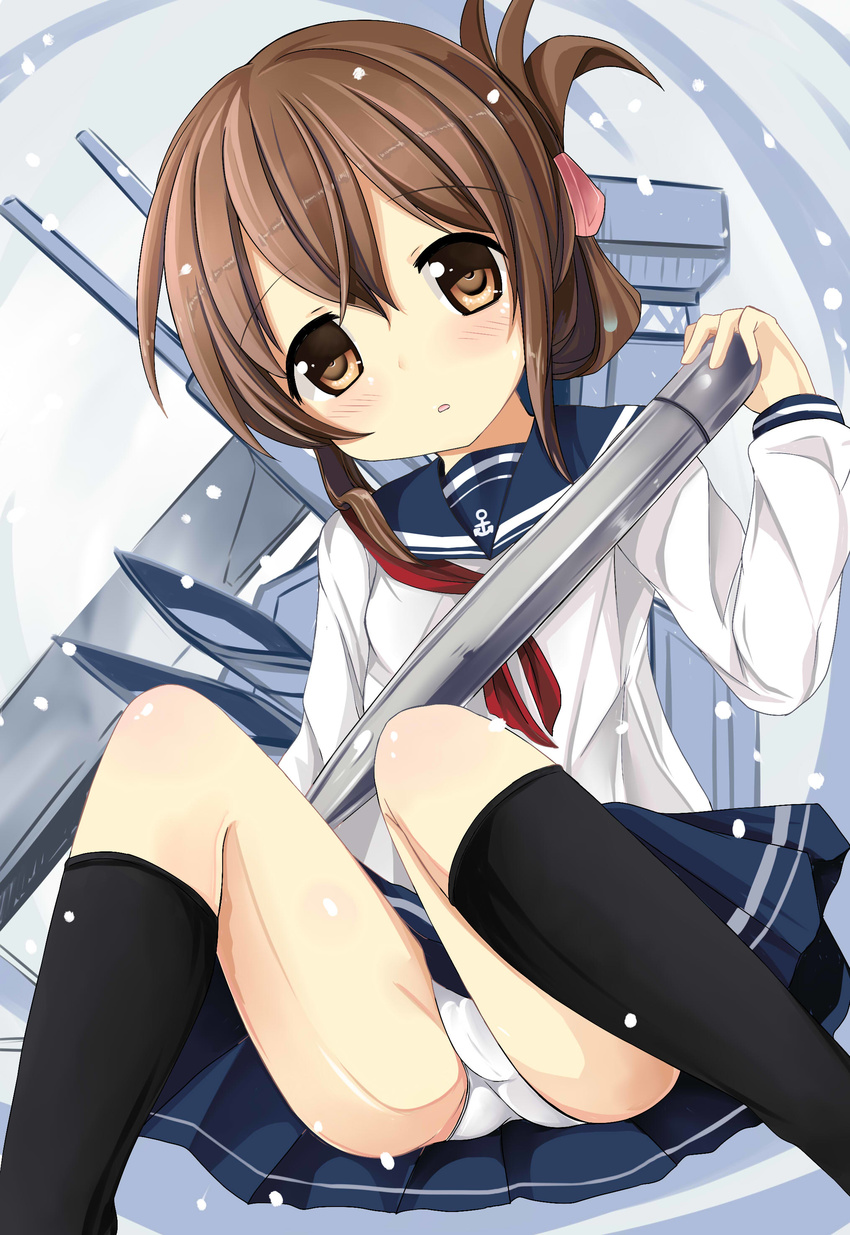 absurdres bad_id bad_pixiv_id blush brown_eyes brown_hair folded_ponytail hair_ornament hair_up highres inazuma_(kantai_collection) kantai_collection long_hair looking_at_viewer open_mouth panties pantyshot sakuraba_hikaru_(loveindog) school_uniform serafuku skirt solo underwear white_panties