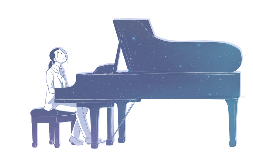 antenna_hair black_hair closed_eyes formal fullmetal_alchemist grand_piano instrument kuro-vortex92 long_hair male_focus music piano playing_instrument ponytail sitting smile solf_j_kimblee solo suit white_suit
