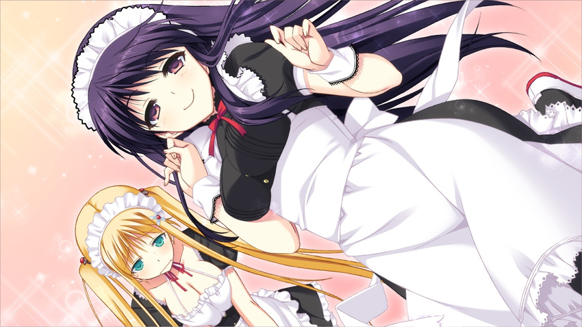 2girls arihara_nodoka blonde_hair game_cg green_eyes kagami_inori maid multiple_girls narumi_suzune purple_eyes purple_hair tojita_sekai_no_tori_colony twintails