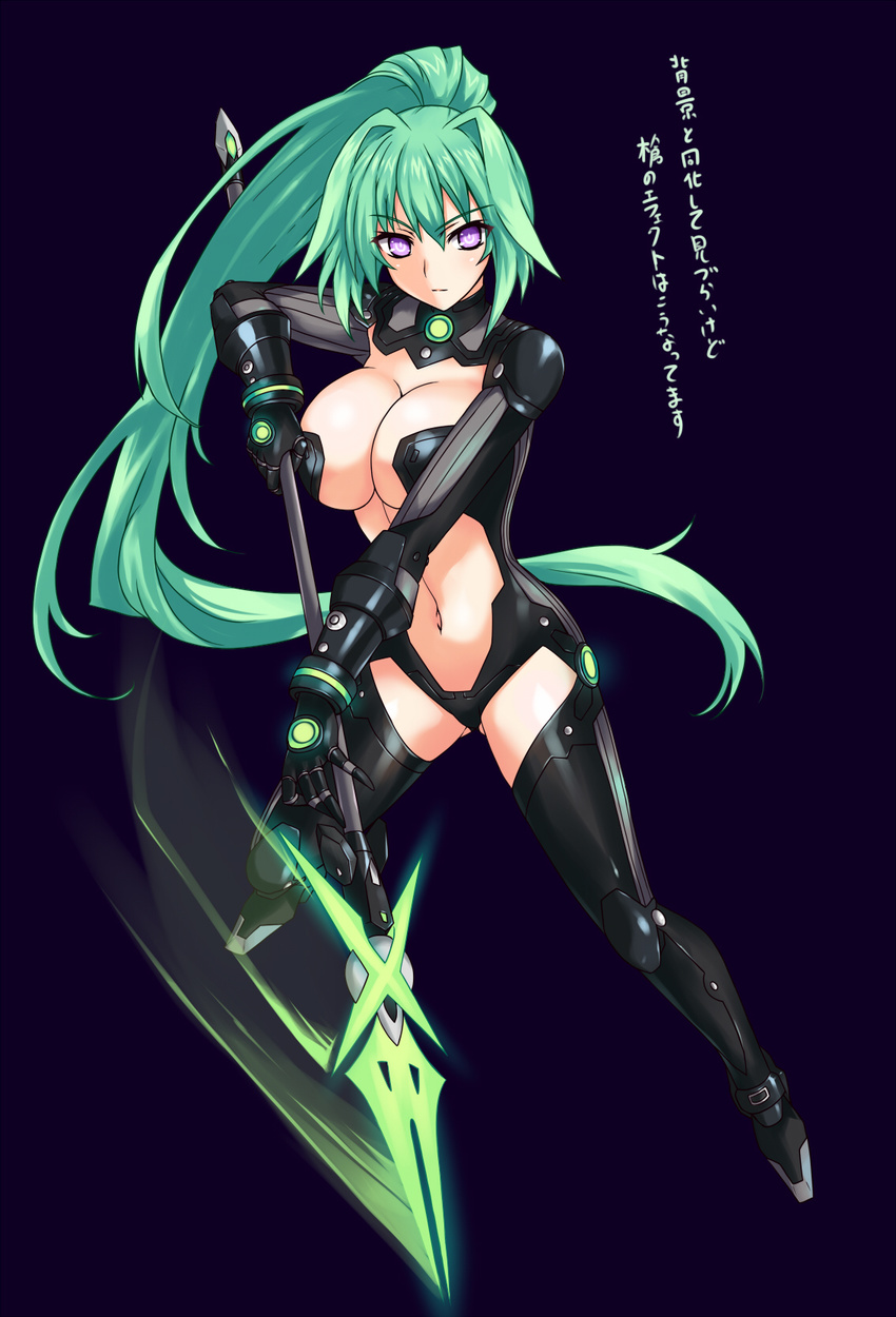 breasts cleavage green_hair green_heart highres large_breasts long_hair motion_blur neptune_(series) nishiumi_yuuta ponytail purple_eyes revealing_clothes solo thighhighs weapon