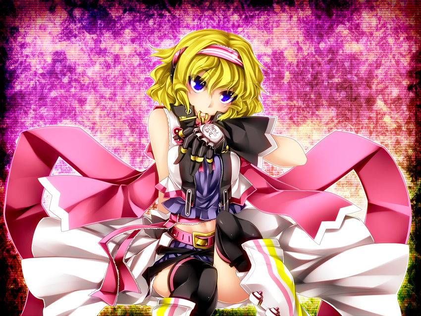 adapted_costume alice_margatroid bare_shoulders blonde_hair blue_eyes gloves hairband highres kazetto mouth_hold short_hair sleeveless solo touhou