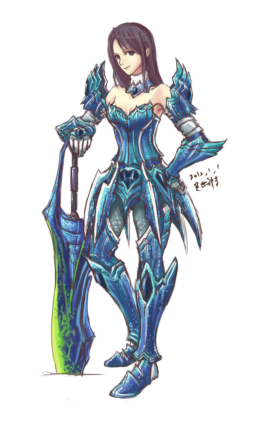 1girl armor bare_shoulders brachydios brachydios_(armor) breasts brown_eyes brown_hair capcom cleavage dated highres large_breasts monster_hunter open_mouth signature sketch smile solo sword weapon