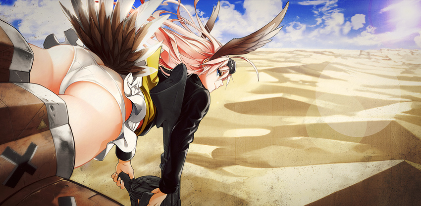 ahoge animal_ears ass bird_tail blonde_hair blue_eyes cloud desert drum_magazine flying from_behind giba_(out-low) goggles goggles_on_head grin gun hanna-justina_marseille head_wings highres lens_flare long_hair looking_back machine_gun mg34 military military_uniform panties pink_hair profile sand skirt sky smile solo strike_witches striker_unit sun tail underwear uniform weapon white_panties world_witches_series