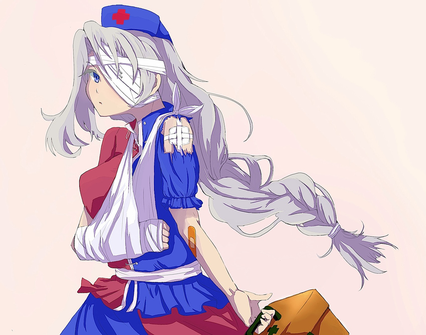 arm_sling bandage_over_one_eye bandages braid broken_arm cast gauze hat injury irony long_hair looking_at_viewer medical nurse_cap popo_(popotop) pout silver_hair solo torn_clothes touhou very_long_hair yagokoro_eirin