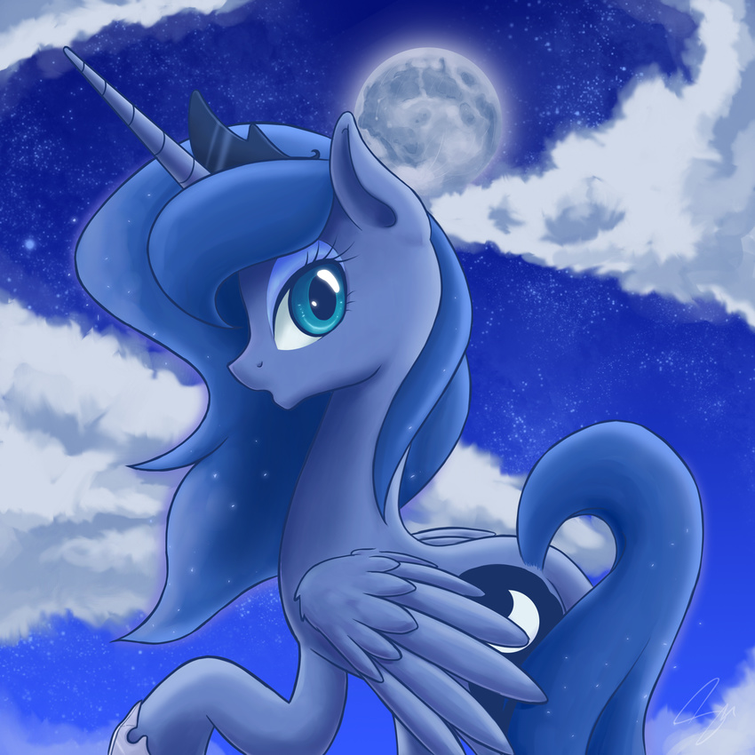 blue_eyes blue_hair cloud crown cute cutie_mark equine female feral friendship_is_magic full_moon hair hi_res horn horse long_hair looking_at_viewer mammal moon my_little_pony night pony princess_luna_(mlp) sky solo stars steffy-beff tiara winged_unicorn wings