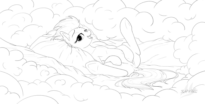 back cloud clouds drake_drachenlicht equine female feral freindship_is_magic friendship_is_magic lying mammal monochrome my_little_pony open_mouth pegasus pillow playing pussy smile solo spitfire_(mlp) wetness wings wonderbolts_(mlp)