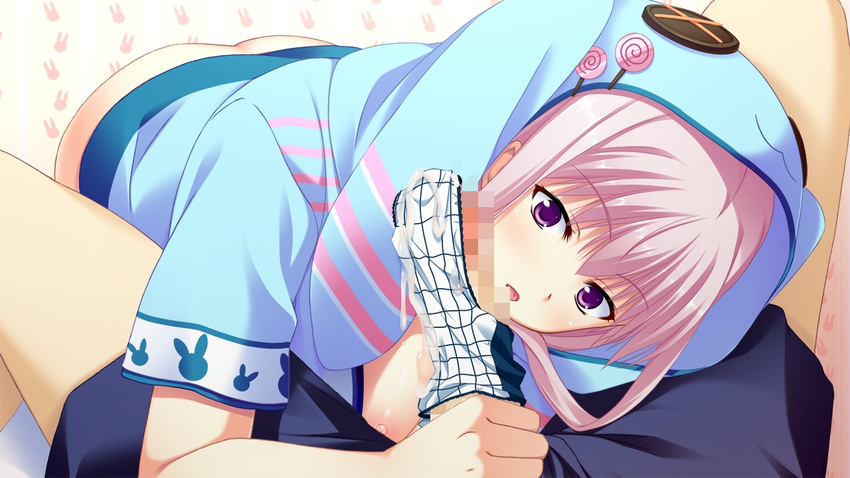 1girl censored game_cg miyamori_korone narumi_suzune penis pink_hair purple_eyes tojita_sekai_no_tori_colony
