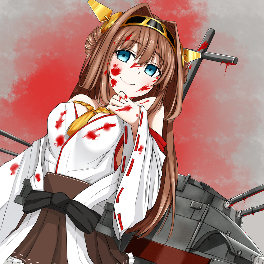 bad_id bad_pixiv_id blood blood_splatter bloody_clothes detached_sleeves double_bun hair_intakes hair_ornament hairband headgear highres japanese_clothes kantai_collection kongou_(kantai_collection) long_hair long_sleeves parody ribbon-trimmed_sleeves ribbon_trim school_days smile solo suto_(iamsuto) wide_sleeves yandere