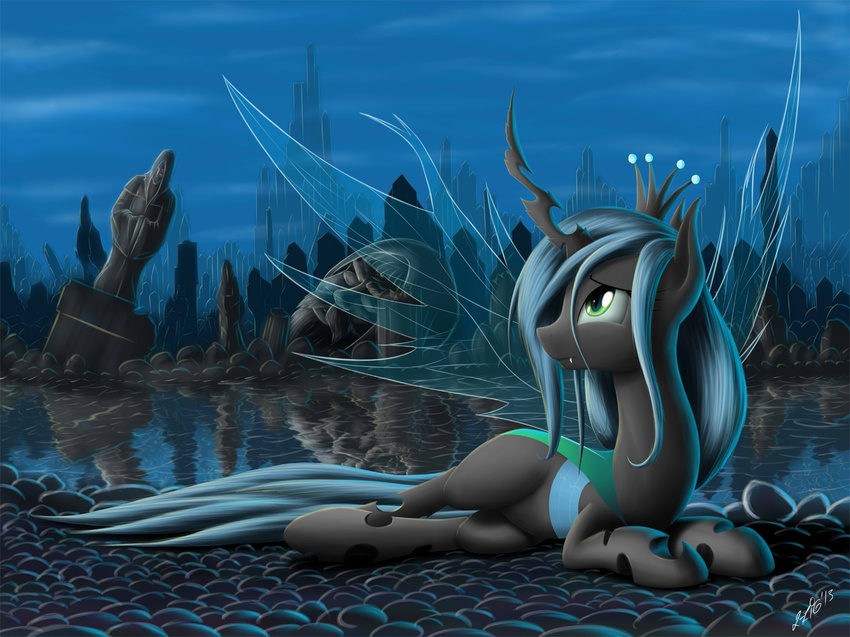 equine female feral friendship_is_magic hair horn horse lying mammal my_little_pony pony queen_chrysalis_(mlp) sculpture solo statue water winged_unicorn wings zigword