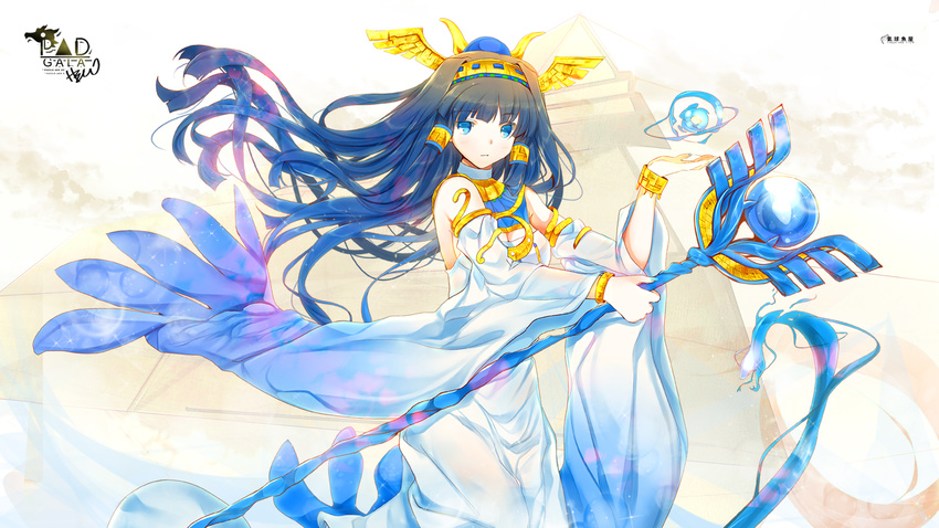 artist_name bangs bare_shoulders black_hair blue_eyes blunt_bangs bracelet breasts cleavage detached_sleeves dress egyptian egyptian_clothes hair_tubes hairband headdress heco_(mama) highres holding isis_(p&amp;d) jewelry long_hair long_sleeves medium_breasts necklace puzzle_&amp;_dragons shirt sleeveless sleeveless_dress snake solo staff text_focus water white_background white_shirt winged_hair_ornament winged_hairband